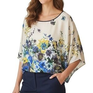 Allen B. by Allen Schwartz Women Floral Kimono Sleeve Blouse Cream Blue Yellow M